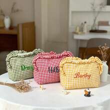 Personalized Gingham Cosmetic Bag, Ruffle Trim Makeup Pouch, Custom Name Toiletry Organizer, Small Travel Storage Bag, Coin Purse, Cute Gift - Multicolor - View 10