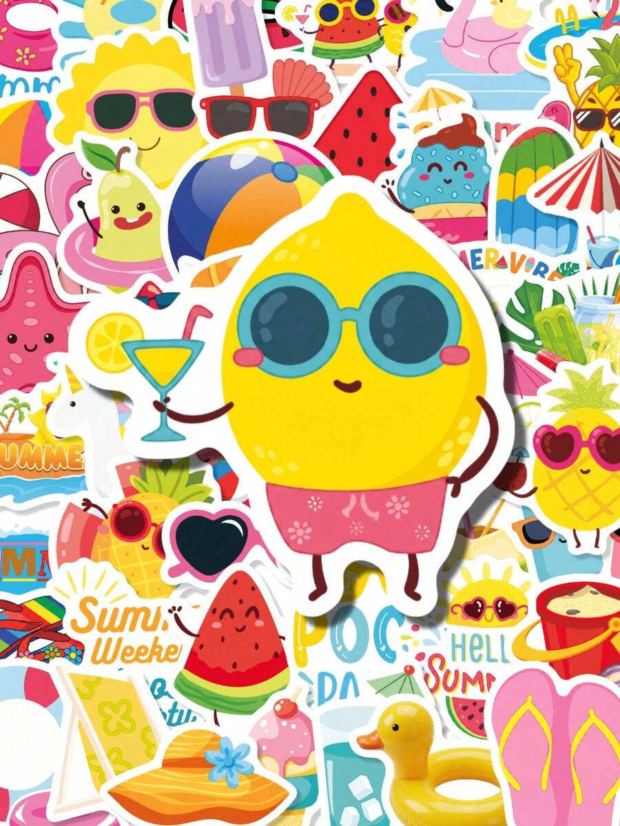 50Pcs Summer Pool Holiday Graphic Stickers, Featuring Tropical Fruits, Pool Toys & Beach Icons Decals, Decor To Custom Stationery, Gift Box & Summer Daily Accessories - Multicolor - View 1