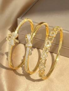 18K vergoldetes Herz & Schleife Zirkonia stapelbares Armband Set, verblassungsresistentes verstellbares Goldarmband, eleganter Damenschmuck, geeignet für tägliche, Hochzeits- und Partyanlässe - Verschiedenfarbig - Übersicht 5