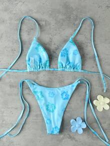 女款休閒優雅春夏海灘度假性感掛脖藍色花卉印花比基尼套裝，高彈力綁帶泳衣 - 彩色 - 查看 3