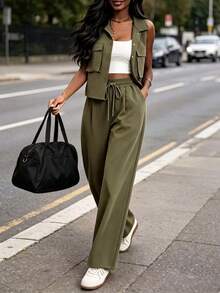 3pcs Women's Vintage Military Green Practical Set, Including Short Sleeve Shirt Jacket, White Camisole, And High Waist Wide Leg Pants With Pockets, Suitable For Spring And Summer Elegant - Army Green - View 2