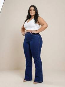 Women's Plus Size Dark Flare Jeans With High Waist, Premium Fabric With Elastane - 藍色 - 查看 3