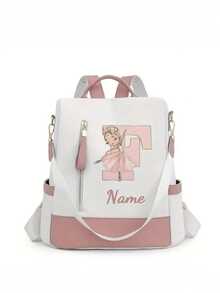 Personalized Custom Name A-Z 26 English Letters Premium Backpack, Fashion Anti-Theft Versatile Large Capacity Travel School Bag, Exquisite Cute Pink Ballet Girl Pattern Fashion Contrast Color Design Lightweight Large Capacity, Perfect For Daily Outings, Work Commute, School - White and Pink - View 18