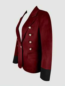 Jisfaneya: Elegant Gold Embossing And Button Detailing, Navy-Style Striped Cuffs-Perfect For Professional Office Wear And Party Or Dinner Jackets - Red - View 4