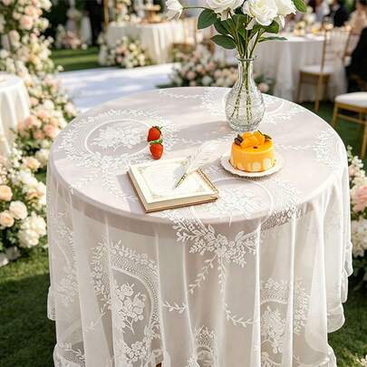 Wedding Tablecloth, Semi-Transparent Hollow Floral Lace Round Tablecloth, High-End Wedding Season Tablecloth, Ideal Decoration For Wedding Cake Table, Gift Table, Bridal Party Buffet, Outdoor Country Wedding, Engagement Party And Bridal Tea Party