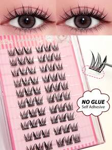 Asiteo 60pcs Natural Pre-Glued False Eyelashes C Curl Self-Adhesive Cluster Lashes Thin Stem Delicate Natural Cartoon Style Single Cluster DIY Glue-Free Makeup Gift For Women And Girls - C - 查看 1