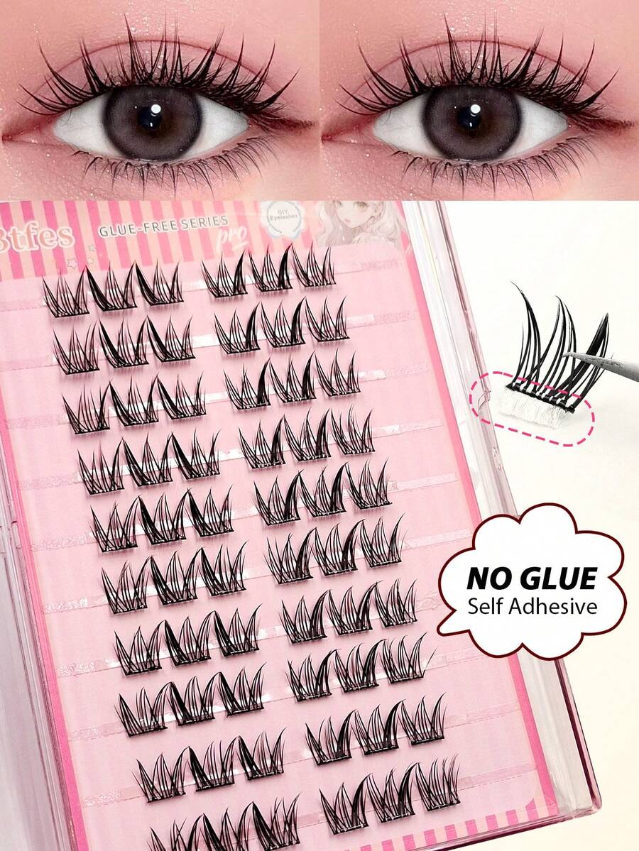 Asiteo 60pcs Natural Pre-Glued False Eyelashes C Curl Self-Adhesive Cluster Lashes Thin Stem Delicate Natural Cartoon Style Single Cluster DIY Glue-Free Makeup Gift For Women And Girls - C - 查看 1