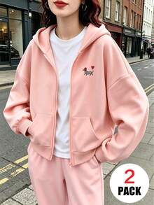 2pcs/Set Suitable For Girls And Teenagers Zip-Up Hooded Jacket And Elastic Waist Sweatpants Set, Embroidered Patch Dachshund Pattern Zip-Up Hooded Sweatshirt + Elastic Waist Sweatpants Matching Set, Casual Sports Outfit Suitable For Autumn/Winter Daily Wear - Multicolor - View 1