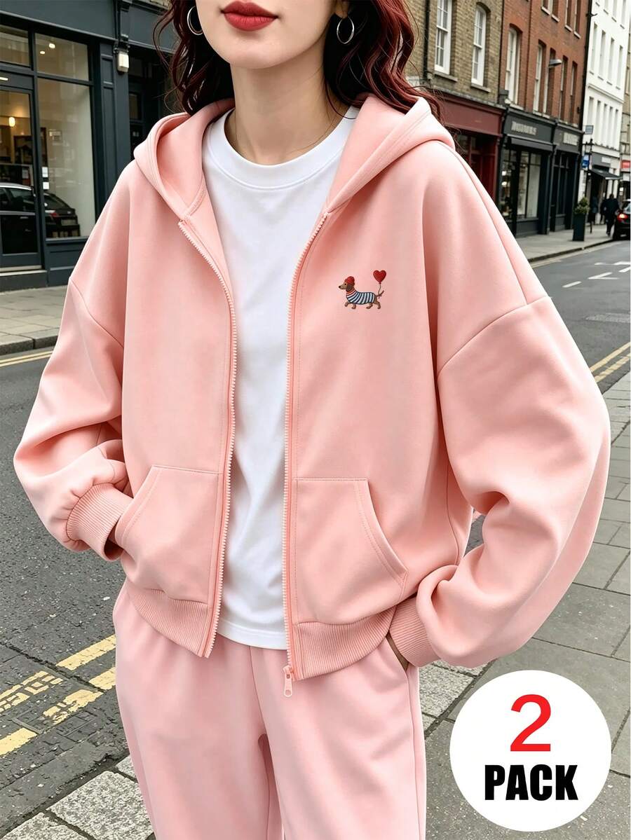 2pcs/Set Suitable For Girls And Teenagers Zip-Up Hooded Jacket And Elastic Waist Sweatpants Set, Embroidered Patch Dachshund Pattern Zip-Up Hooded Sweatshirt + Elastic Waist Sweatpants Matching Set, Casual Sports Outfit Suitable For Autumn/Winter Daily Wear - Multicolor - View 1