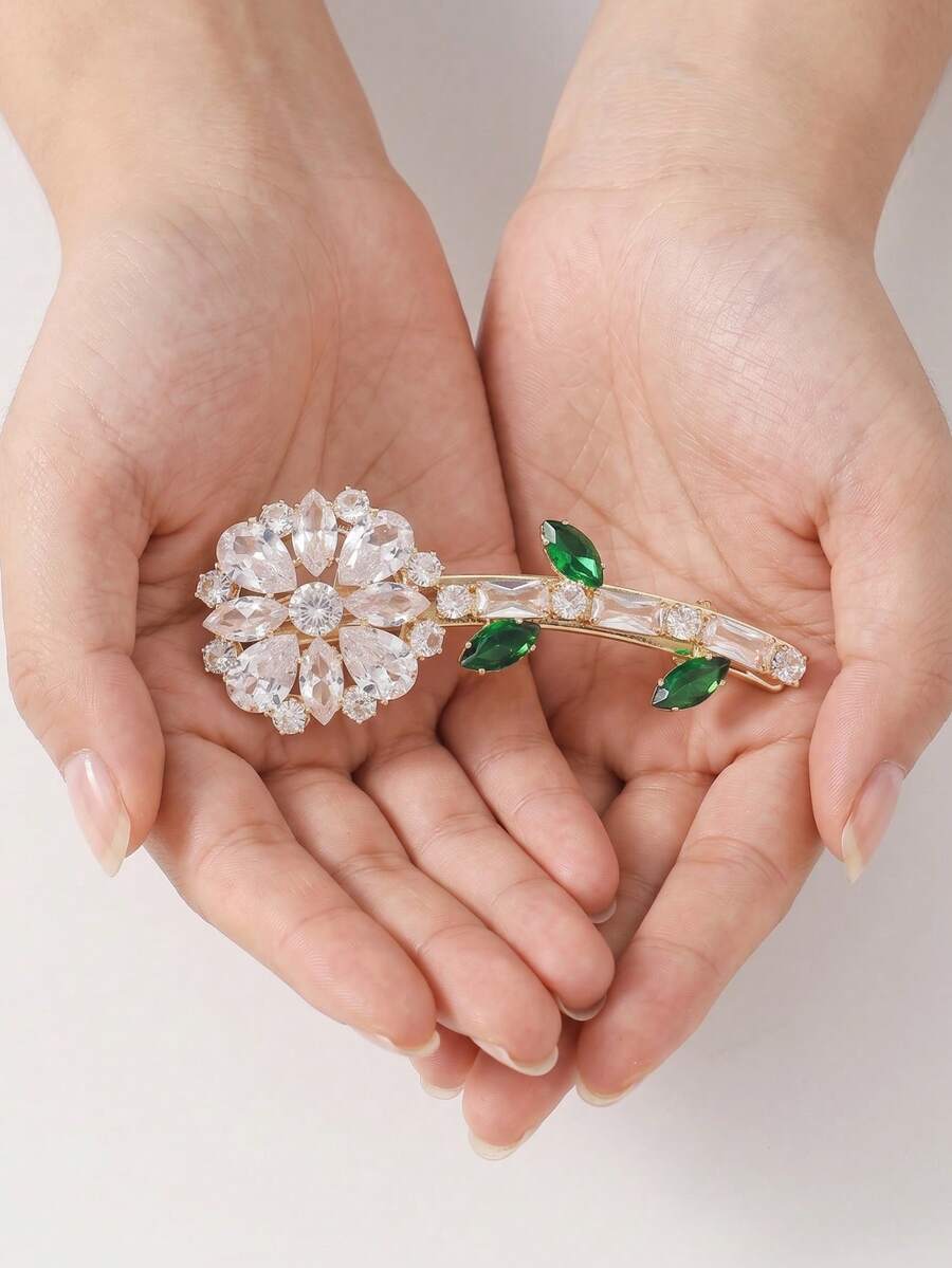 1件靜奢風水晶花朵與綠葉鴨嘴髮夾，優雅極簡花卉髮飾，適合女性婚禮派對新娘伴娘