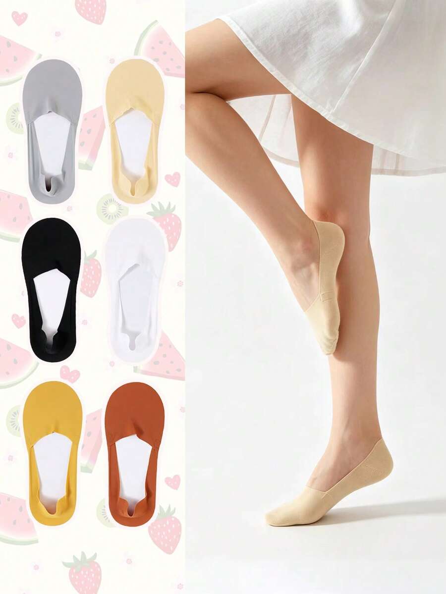 6雙女款薄款隱形矽膠防滑吸汗船襪,夏季女襪(紙板僅為攝影道具) - 彩色 - 查看 1