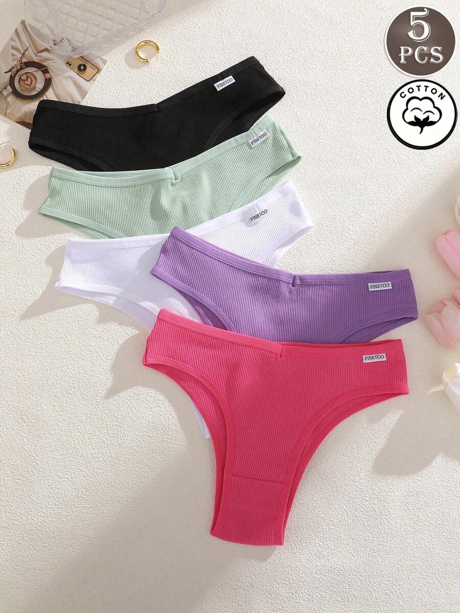 5pcs/Pack Women's Colorful Ribbed Comfortable Breathable Low-Waist Sexy Panties - Multicolor - View 1