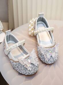 Zapatos de princesa con mariposa de strass multicolor para niñas, zapatos con decoración de perlas y suela blanda, estilo hada para uso diario, escuela y citas en primavera, verano y otoño - Plateado - Ver 5