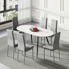Dining Table And Chairs Set 6, Extendable Table With 6 Faux Leather Chairs For Dining Room, Kitchen, 6 Seater Room Set - Meja Marmer Putih + 6 Kursi PU Abu-abu - View 2