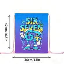 Blue-Purple Gradient 67 Cartoon Number Print Drawstring Backpack, Suitable For Girls And Children, Cute Student Bag Essential, Pink Rope Closure, Playful Travel Accessory, Suitable For Beach Days, Dance Practice, Camping Trips, Weekend Adventures And Daily Carry - SIXTY SEVEN-298 - View 3