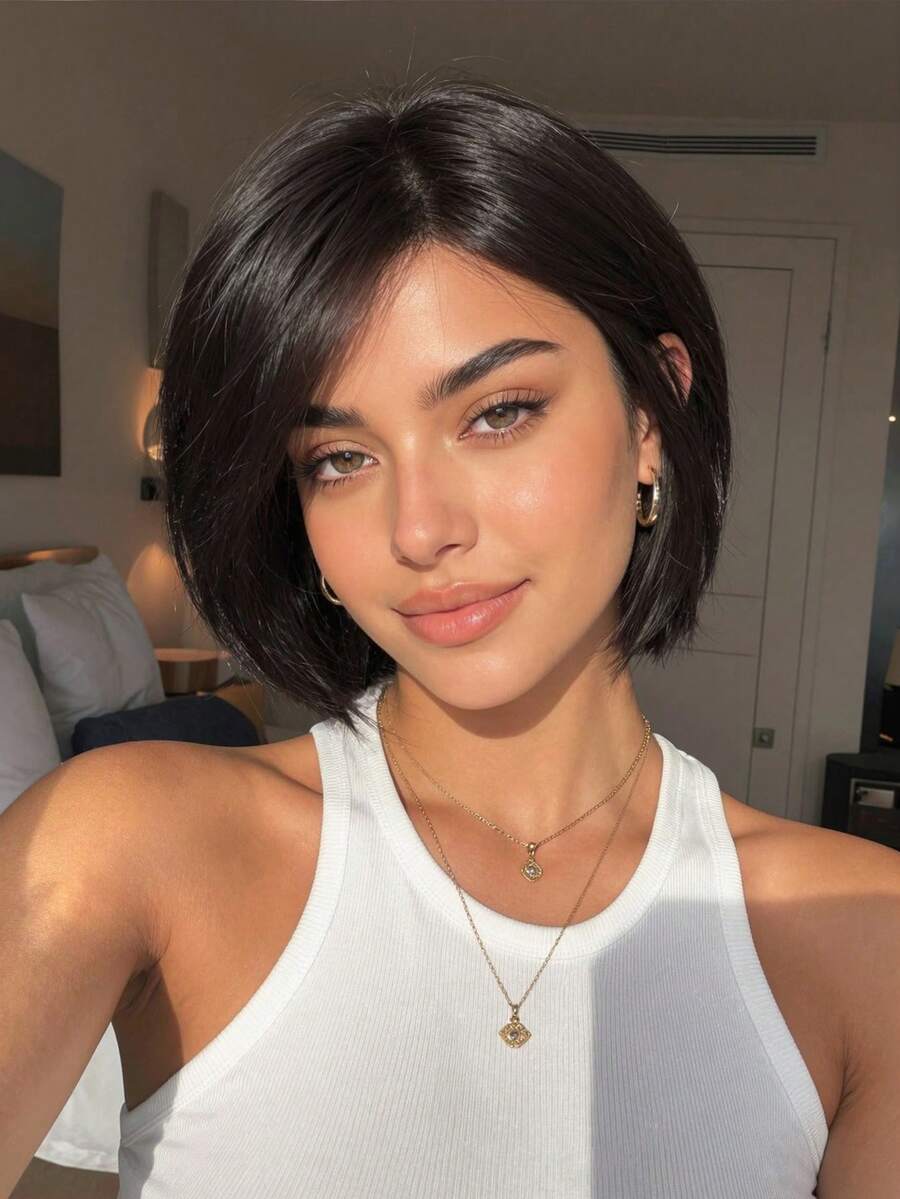 8 Inch Straight Low Curvature Heat Resistant Synthetic Bob Wig Natural Black Layered Side Part Short Wigs For Women Daily Office Wear - Multicolor - View 1