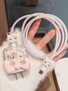 SANRIO DIY數據線充電器保護套，數據線收納標籤防盜，高品質，適用於 17 16 15 14 13 12 11手機20W充電器，買家需手動DIY安裝配件 - 波點蝴蝶結款 - 查看 1