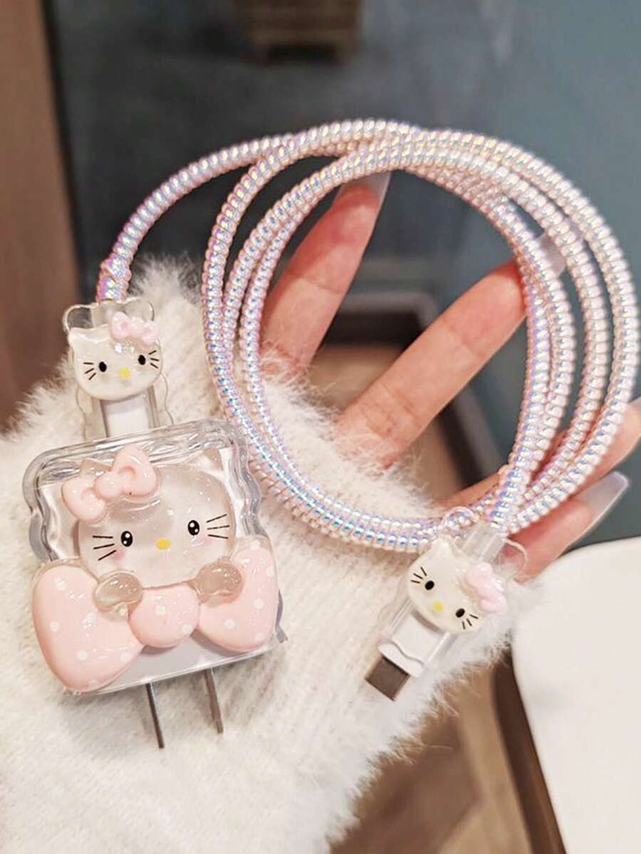 SANRIO DIY數據線充電器保護套,數據線收納標籤防盜,高品質,適用於 17 16 15 14 13 12 11手機20W充電器,買家需手動DIY安裝配件 - 波點蝴蝶結款 - 查看 1