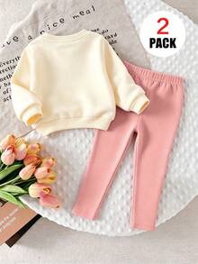2pcs/Set Infant Girl Slogan Print Crew Neck Long Sleeve Sweatshirt And Leggings Outfit, Fashionable And Cute, Suitable For Autumn/Winter - Multicolor - View 3