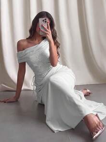 女款露肩白色網紗收腰露背長款晚禮服，水晶裝飾，優雅性感雞尾酒洋裝 - 白色 - 查看 3