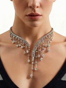 1pc Women's Exaggerated Rhinestone Tassel Necklace, Shiny Water Drop Pendant Choker Necklace, Suitable For Party And Wedding Jewelry - Silver - View 3