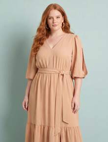 FASHION MIX PREMIUM Elegant Long Dress With Slit And Ruffle Hem, 3/4 Puff Sleeves With V-Neckline And Tie At The Waist, Women's Plus Size - 米色 - 查看 2