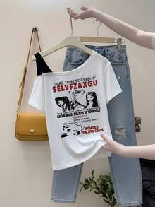 灰色不對稱單肩短袖女款夏季新款美式辣妹風動漫人像印花修身短版上衣 百搭白色 - 白色 - 查看 2