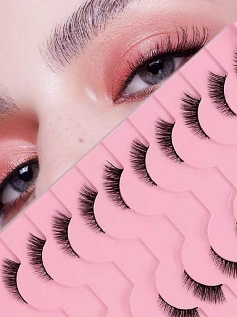 10 Pairs Natural Half-Cat Eye Style False Eyelashes, Transparent Band, Fluffy Long 3D Faux Mink Eyelash Set, Soft False Eyelash Strips, Suitable For Cosplay And European-American Style Eyelash Extensions - Black - View 1
