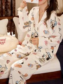 Gongdie 2 Pieces Snoopy Women Pajama Set,Spring Fall Soft Cotton With Lace Trim And Food-Themed Cartoon Print Loungewear - Apricot - View 5