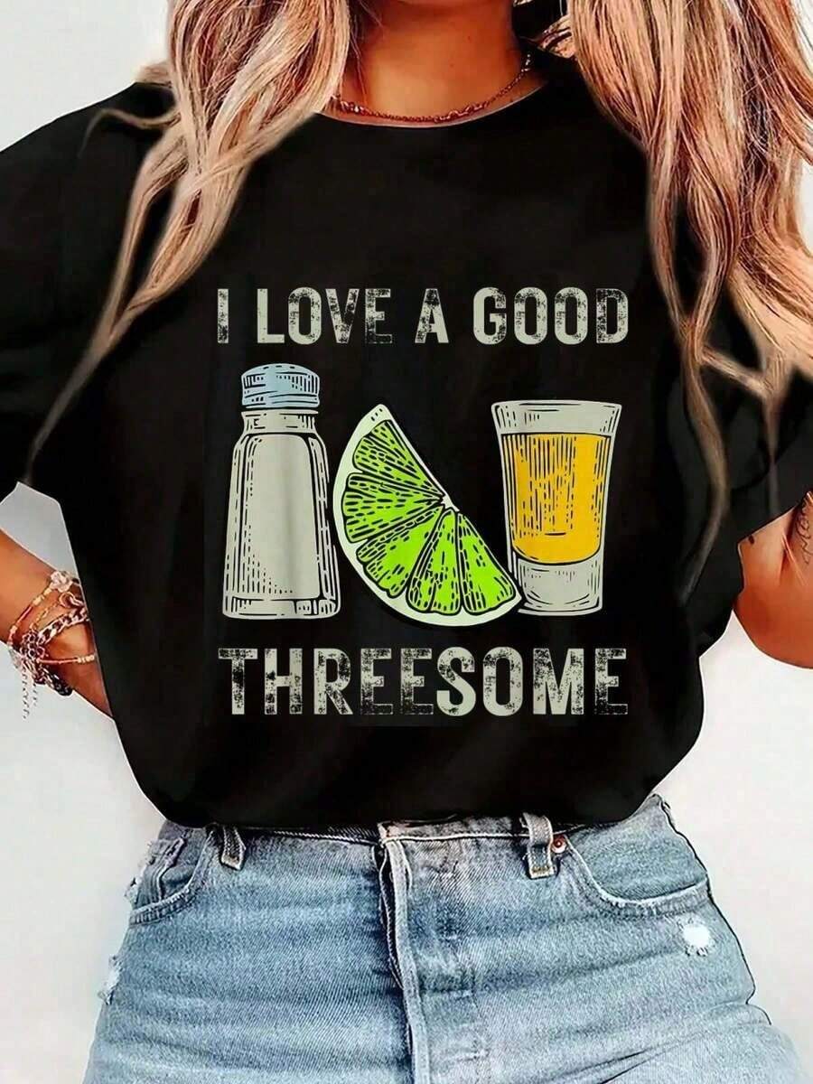 100%  Funny Drink I Love A Good Threesome Tequila Barman T-Shirt Women's Men's Streetwear Graphic Tee Black Crew Neck Vacation Tops-Vintage Street Sty - Schwarz - Übersicht 1