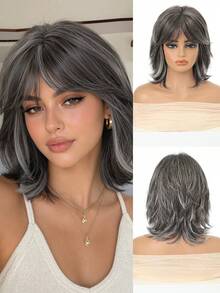 Gray Silver Highlight Mixed Low Curvature Slight Wavy 12 Inch Shaggy Layered Bob Wig Heat Resistant Synthetic Air Fringe Wig For Female - Multicolor - View 2