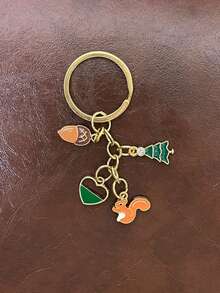 [1pc]Mori Style Squirrel Oil Drop Keychain, Acorn Pine Tree Heart Multi-Charm Bag Pendant, Gold-Plated Mori Style Women's Key Ring, Forest Animal Oil Drop Keychain, Squirrel Acorn Pine Tree Charm Keychain, Fresh Natural Style Bag Pendant, Daily Matching Holiday Gift Accessory - Green + Brown - View 8