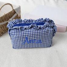 Personalized Gingham Cosmetic Bag, Ruffle Trim Makeup Pouch, Custom Name Toiletry Organizer, Small Travel Storage Bag, Coin Purse, Cute Gift - Multicolor - View 20