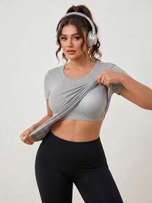 Plus Size Built-In Bra Short Sleeve T-Shirt, Wireless Padded Athletic Top For Yoga Gym Fall Workout & Casual Lounge - Light Grey - View 5