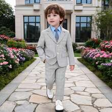 3pcs Young Boy's Suit Set (Jacket + Pants + Tie), Formal Outfit For Piano Performance, Wedding, Ceremony - Grey - View 4