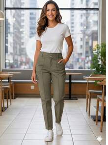 Women's Twill Pants With Lycra And Inset Pockets - Verde Caza - Ver 8