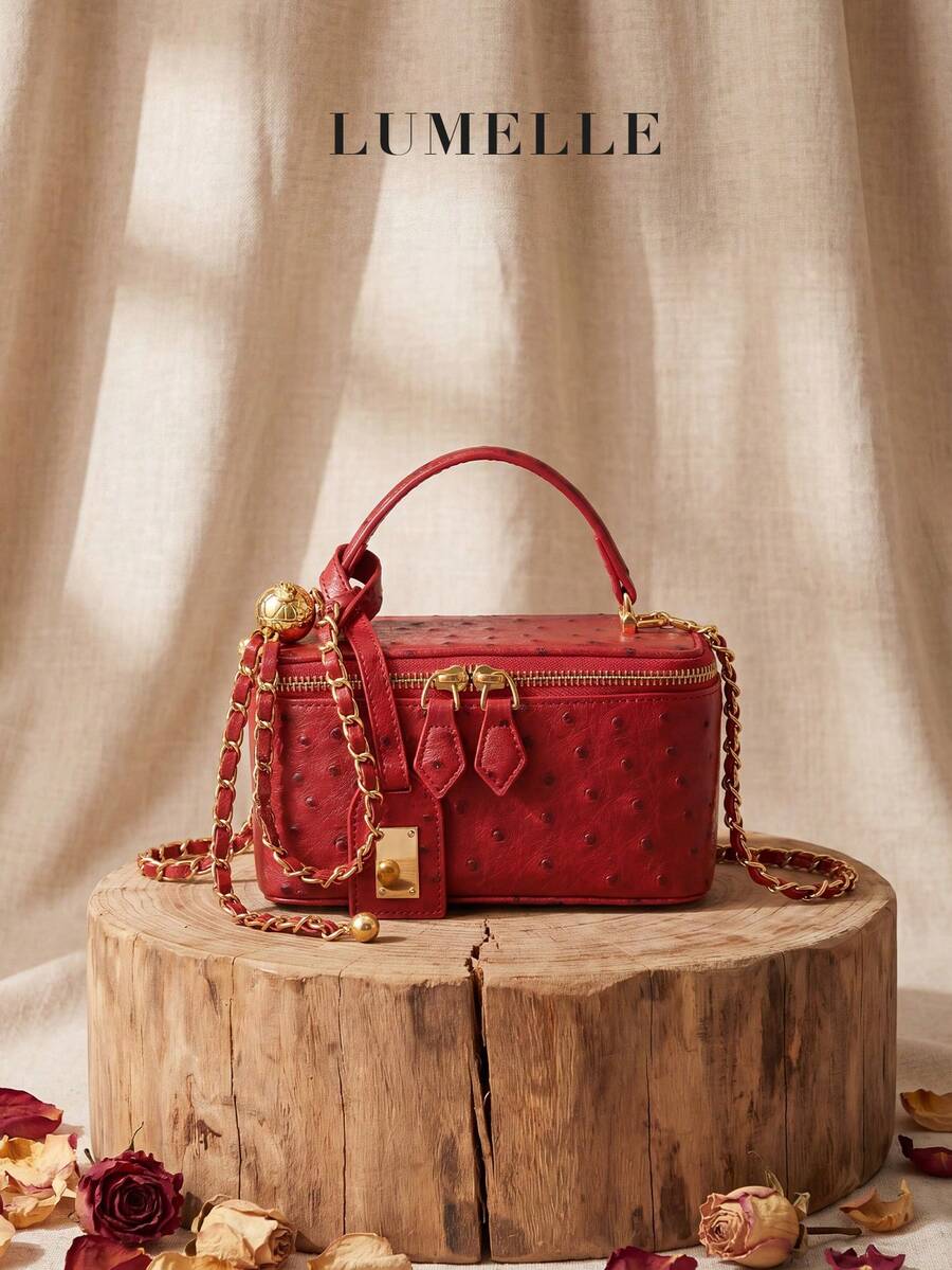 Vintage Festive Red Ostrich Skin Textured Small Square Box Bag With Gold Adjustable Chain, Evening & Commute Handbag For Women - Red - View 1