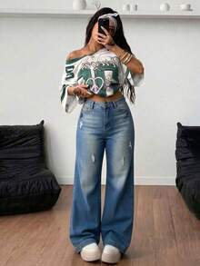 Pantalones rectos de mezclilla azul claro lavados con roturas, cintura media, elásticos y con caída elegante - azul verdoso - Ver 5