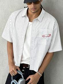 Men's Printed Street Style Striped Short Sleeve Shirt - White - View 1