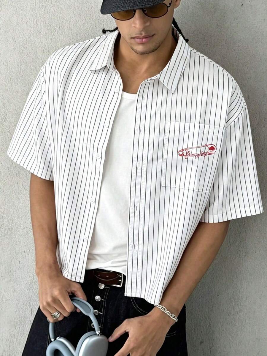 Men's Printed Street Style Striped Short Sleeve Shirt - White - View 1