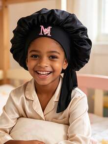 1pc Children's Black Satin Sleep Cap With Tie, Pink Flower & Letter Customization, Toddler Nighttime Hair Protection Cap, Adjustable Hair Cap For 9-12 Years Old - Multicolor - View 1