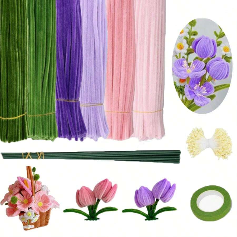681/Pc Pink Green/Purple Green Handmade Pipe Cleaner Set, DIY Bouquet Set, Thickened And Reinforced Material, Thick And Fluffy Twistable Rods, Suitable For DIY Handicrafts, Home Decor, Holiday Gifts, Holiday Decorations - Multicolor - View 1