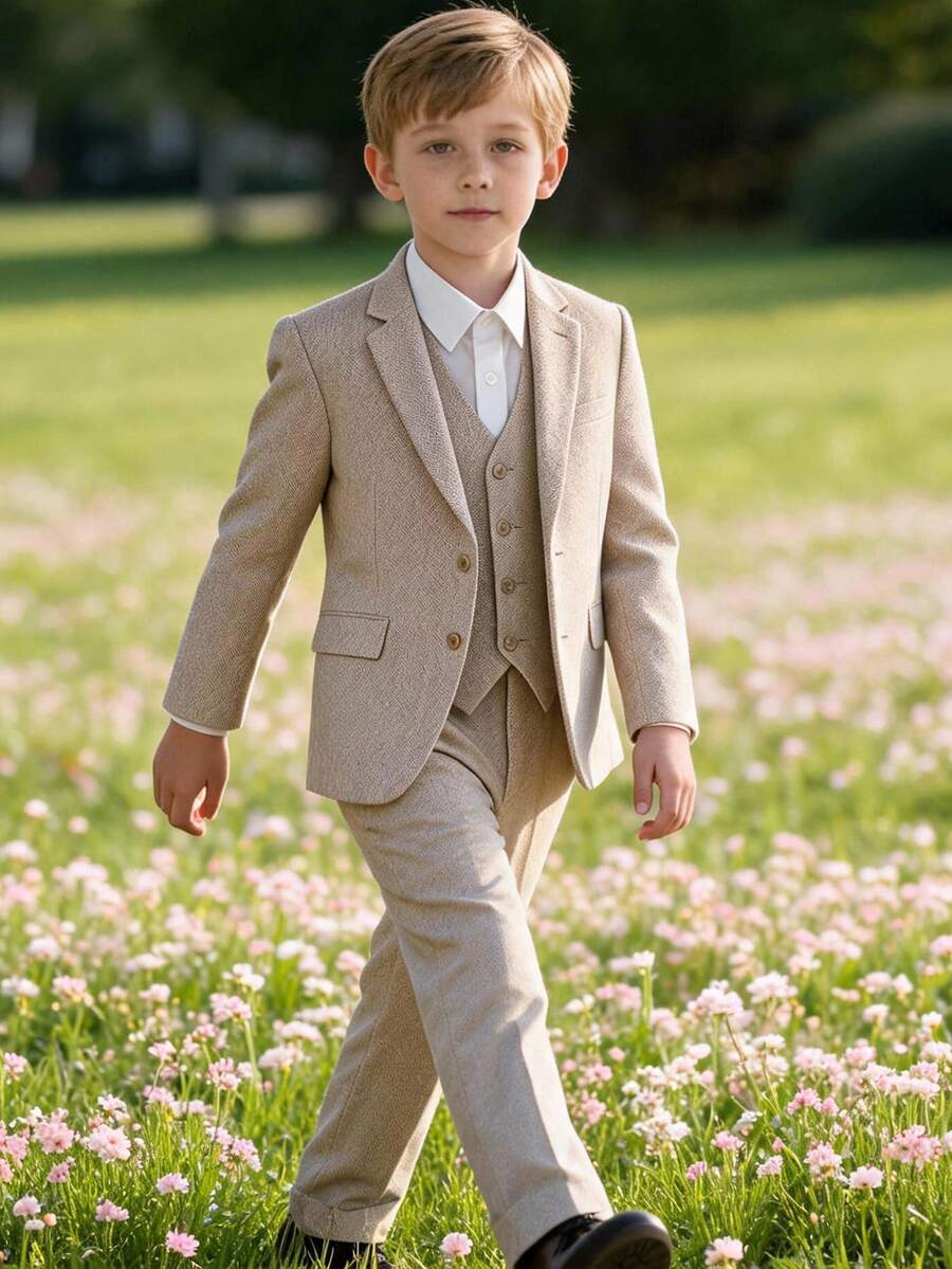 Tween Boys 3 PiecesHerringbone Suit Blazer Waistcoat Dress Pants For Wedding Birthday School Stage Formal Occasions Champagne Size 6-16Y - Champagne - View 1