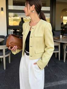 Women's Solid Color Tweed Front Button Pocket Elegant Commuter Jacket Daily - Light Yellow - View 3