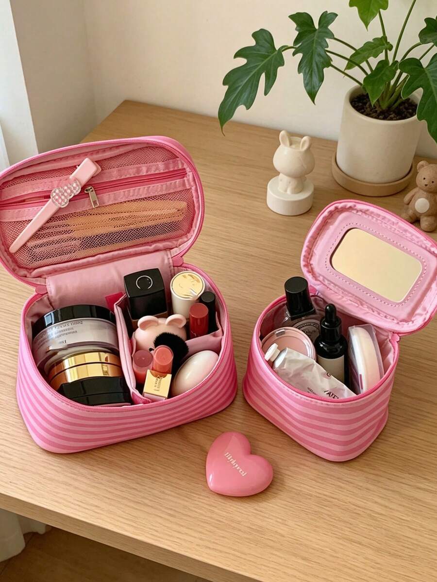 Y2K Cute Makeup Bag With Built-In Mirror Pink Striped Cosmetics Bag Mini & Large Handheld Travel Cosmetic Bag Wash Bag For Lip Gloss Skincare Brushes - Watermelon Pink - View 1