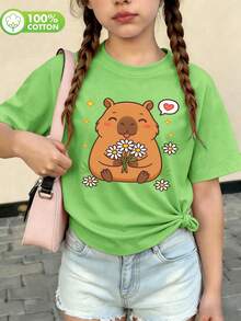 青少年女孩夏季系列：100%純棉女童落肩短袖T恤，印有客製化趣味可愛水豚印花設計 - 葉綠色 - 查看 2