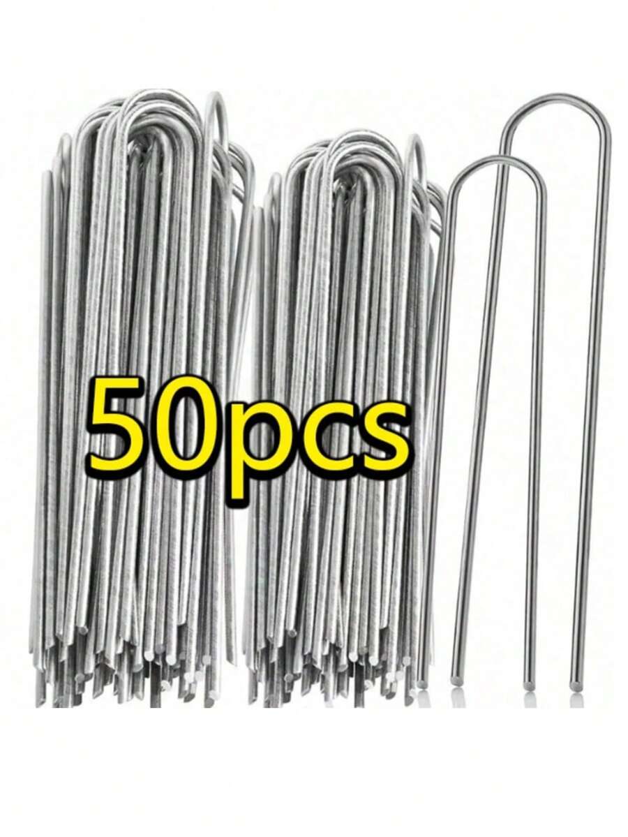 1/20/50 piezas Clavos de en forma de U galvanizados para jardín, Estacas en forma de U para jardín, Suministros de plantación de tela para césped, Con accesorios de barrera para jardín y balcón, Clavos de metal para fijar el césped, Clavos a prueba de viento - Multicolor - Ver 1