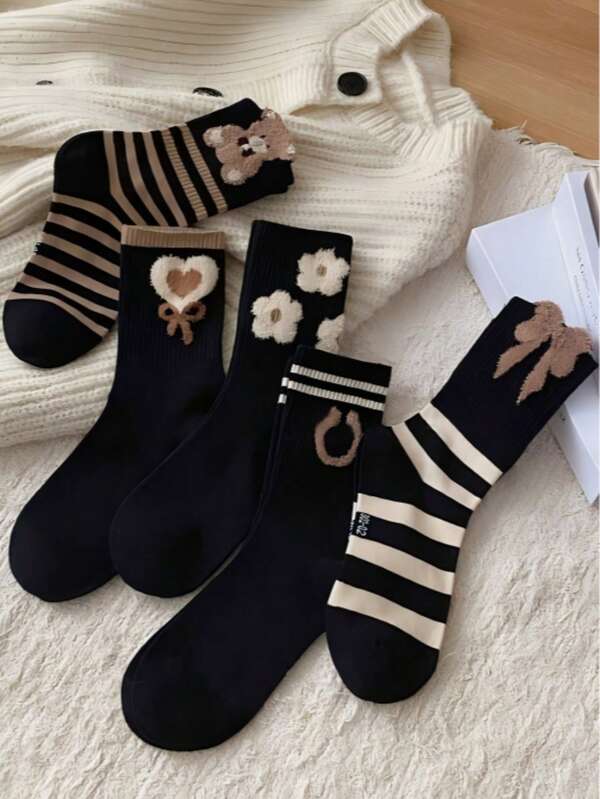 4/8/12/24 Pairs Women's Cute Bear, Heart, Flower, Smiling Face And Bow Pattern Mid-Calf Socks, Fashionable And Comfortable, Random Colors, Suitable For All Seasons