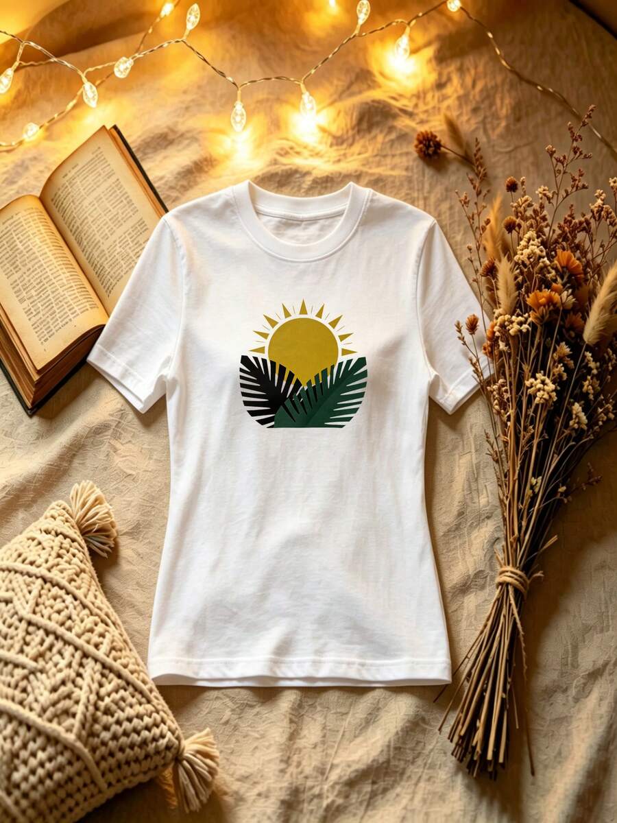 T-Shirt mit tropischem Sonnenuntergangs-Grafikprint – Ästhetisches Baumwoll-Top mit Naturillustration – Bequemes Freizeitshirt für den Sommer - Weiss - Übersicht 1