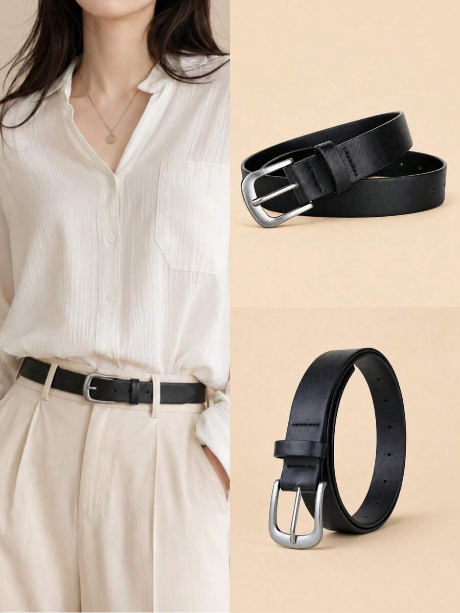 1 Women's Fashionable Casual Metal Pin Buckle PU Versatile Belt - Black - View 1